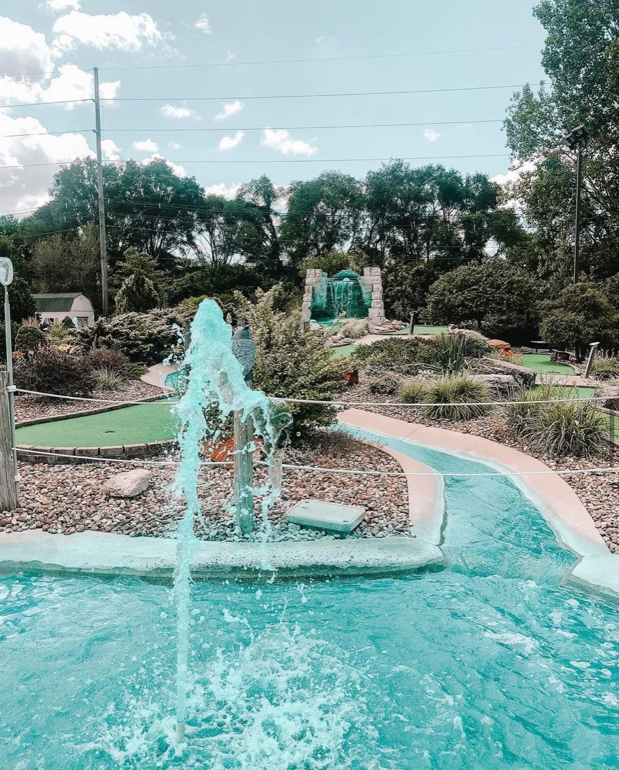 The turquoise fountain feature on the ROC mini golf course